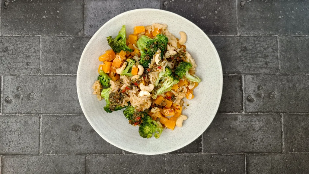 Photograph of All-in-one sticky rice with broccoli, squash, chilli & ginger.