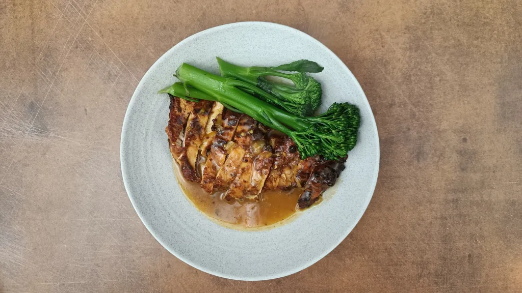 Photograph of Double lemon chicken with cheat’s preserved lemon.