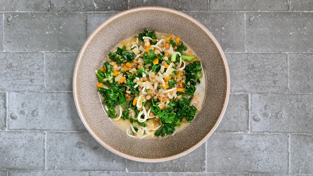 Photograph of Kale, fennel and noodle soup.