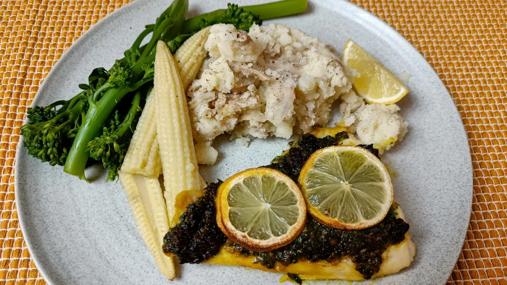 Photograph of Roasted cod with a coriander crust.